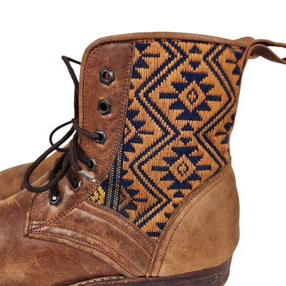 Teysha Handmade Ankle Lace up Leather Geometric Textile Boho Boots - Picture 3 of 12